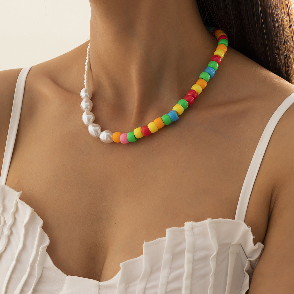 Imitation Pearl Collarbone Necklace By Planderful Color Beaded Asymmetrical Pastoral Design Statement For Women