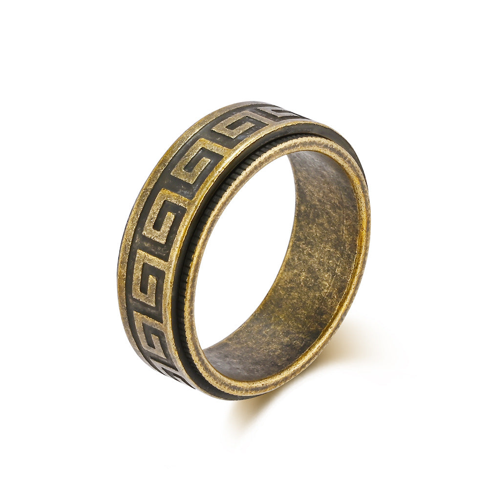 Planderful Rotatable Decompression Ring For Men With Retro Great Wall Pattern In Titanium Steel