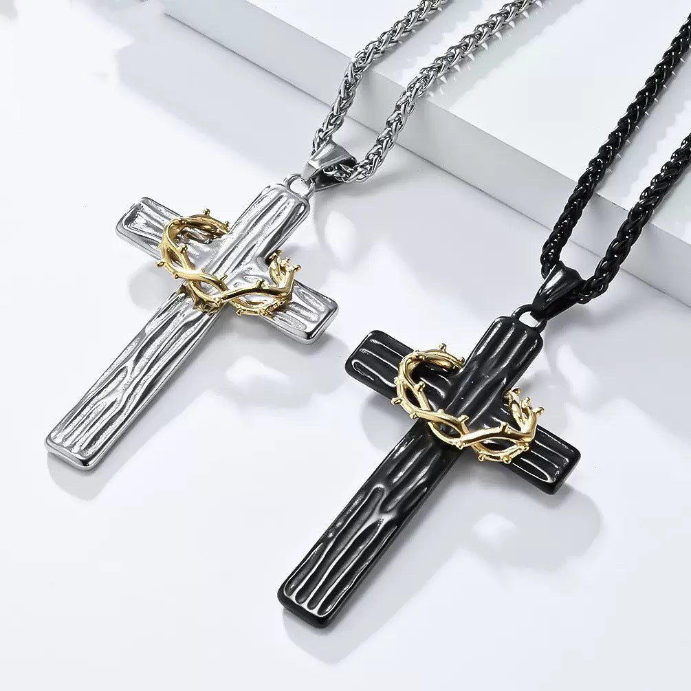 Planderful Steel Cross Necklace With Thorn Details For Women Bold Everyday Genie Edge