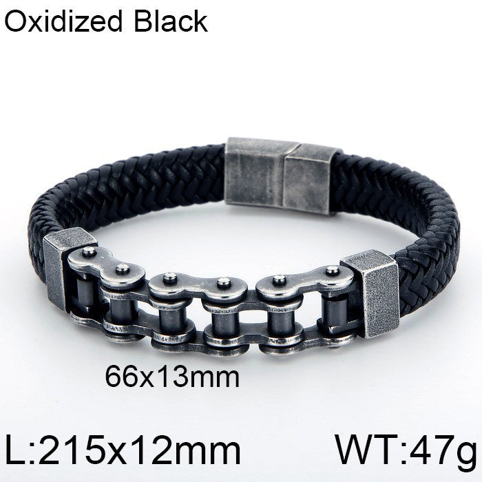 Locomotive Style Woven Leather Rope Men's Bracelet – Man Magnetic Buckle Bicycle Chain