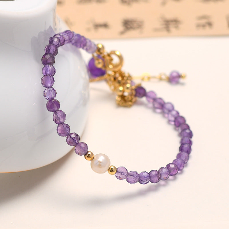 Elegant 4MM Cut Amethyst Double-layered Bracelet with Pearl Crystal - Perfect Gift for Girls