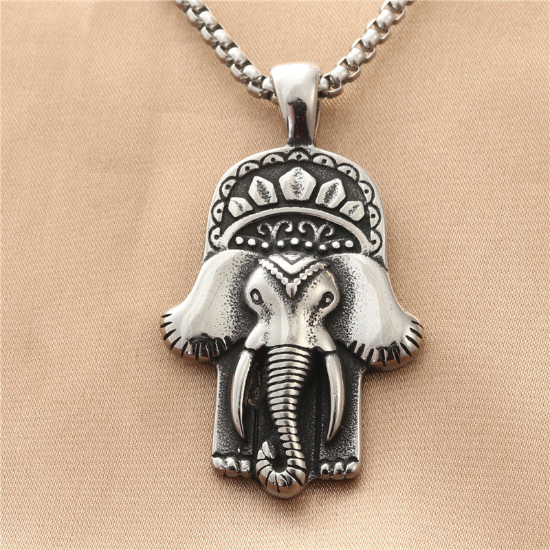Titanium Steel Elephant Pendant Necklace for Men - Retro Punk Style Animal Statue in Stainless Steel