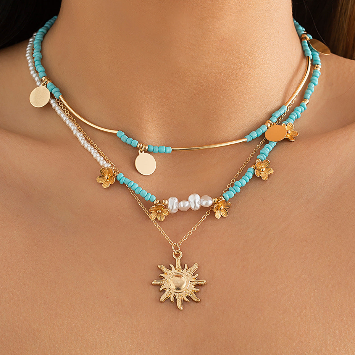 Planderful Vienna Verve Layered Imitation Pearl Necklace With Sequined Bead Flower Pendant For Fashion Forward Women