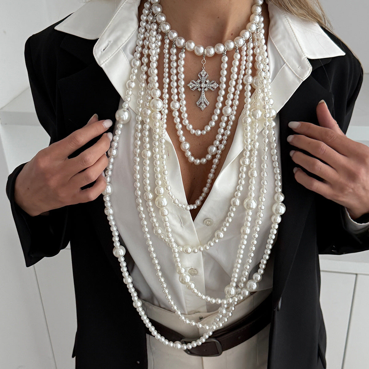 French Baroque Pearl Cross Long Necklace