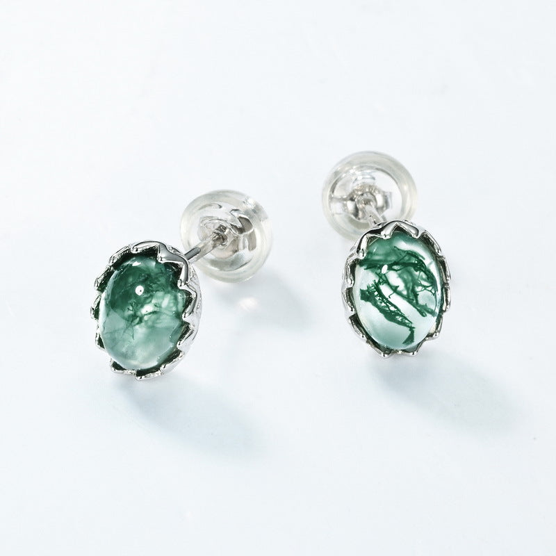 S925 Sterling Silver Moss Agate Minimalist Stud Earrings
