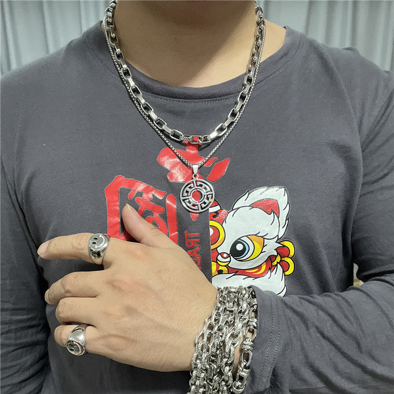 Personalized Retro Titanium Steel Hollow Round Pendant Necklace for Men - Trendy Stainless Steel Design