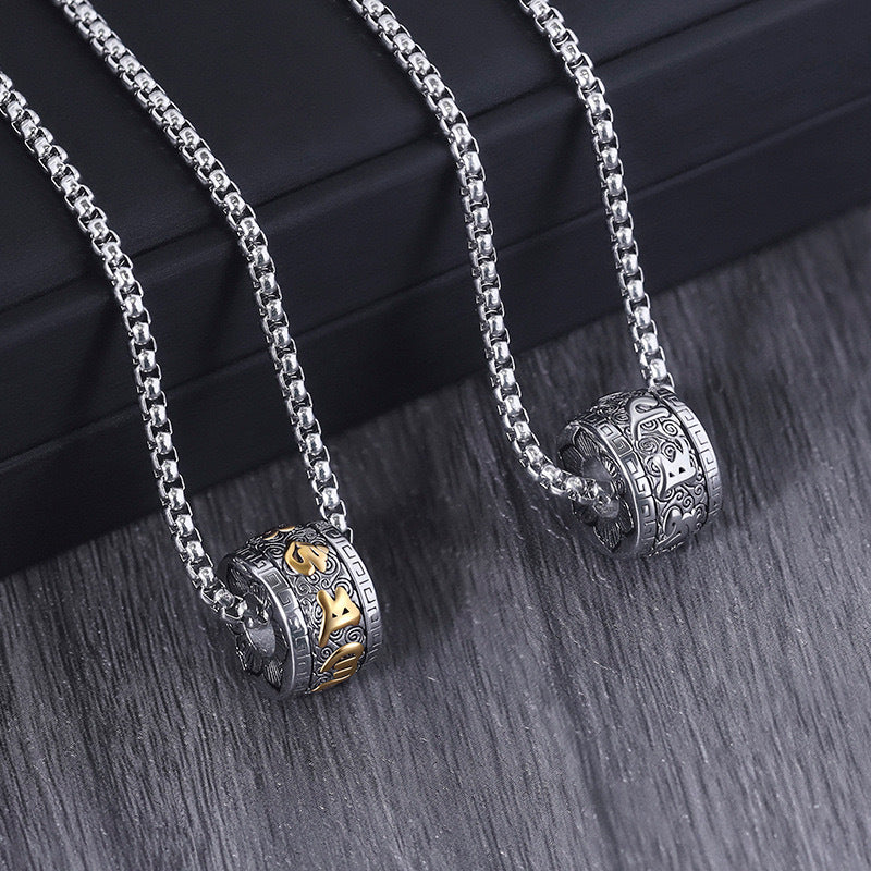 Planderful Mens Stainless Steel Necklace With Cylindrical Auspicious Cloud Pendant Vintage Style