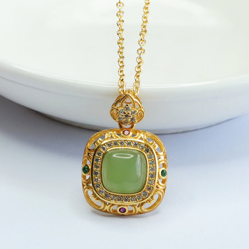 S925 Silver Natural Hetian Jade Jasper Square Zircon Halo Necklace