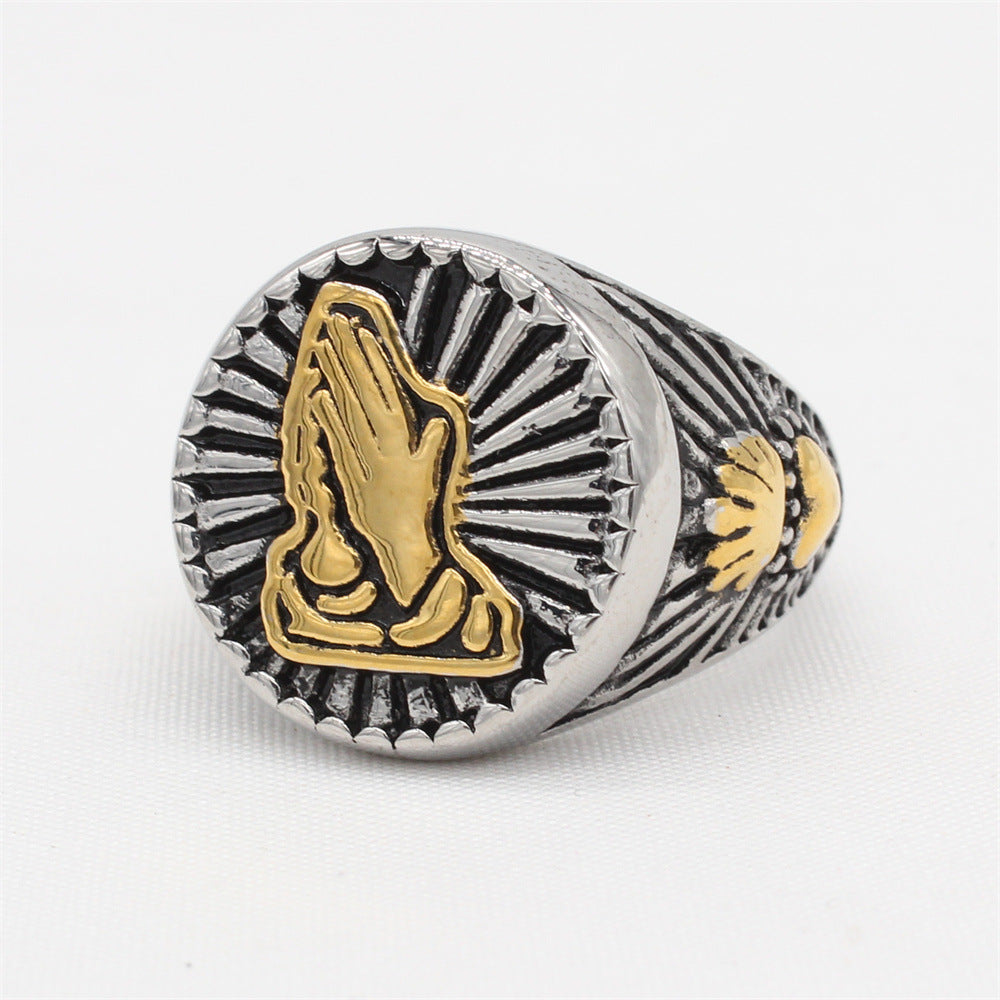 Rustic Prayer Hand Men's Titanium Steel Ring - Wholesale Foreign Trade Jewelry