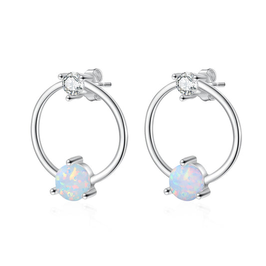 Round Opal Small Zircon Circle Hoop Sterling Silver Stud Earrings