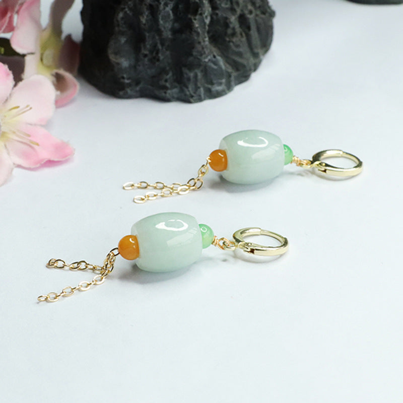 Elegant Myanmar Emerald Jade Ear Hoops with Sterling Silver Needles