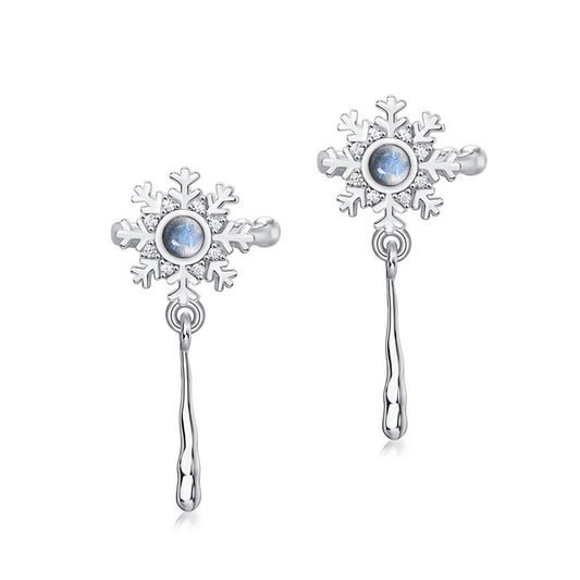 Round Blue Topaz Snowflake Long Strip Sterling Silver Ear Clip Earrings