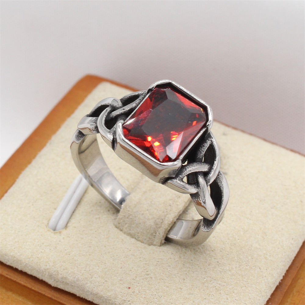 Retro Viking Celtic Rectangle Zircon Titanium Steel Ring for Men