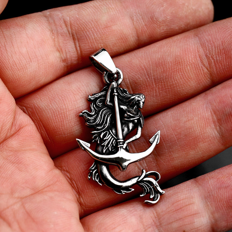 Retro Punk Style Titanium Steel Mermaid and Anchor Pendant for Men