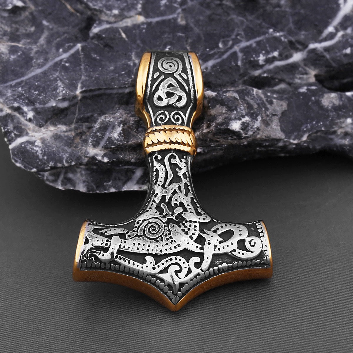 Planderful Thors Hammer Pendant Titanium Steel Necklace For Men With Bold Viking Triangle Knot Logo