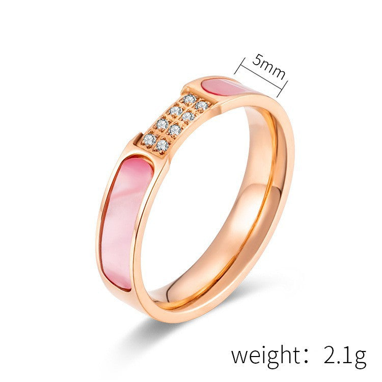 Stainless Steel Pink Shell Women's Ring – Rose Gold Zircon