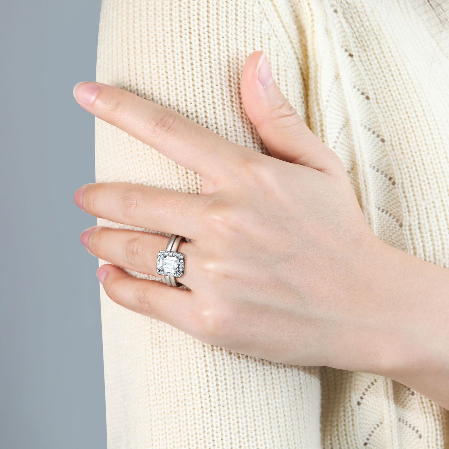 Planderful Sterling Silver Emerald Cut Zircon Ring for Women 2 Carat Sparkling Fashion Stacked Set