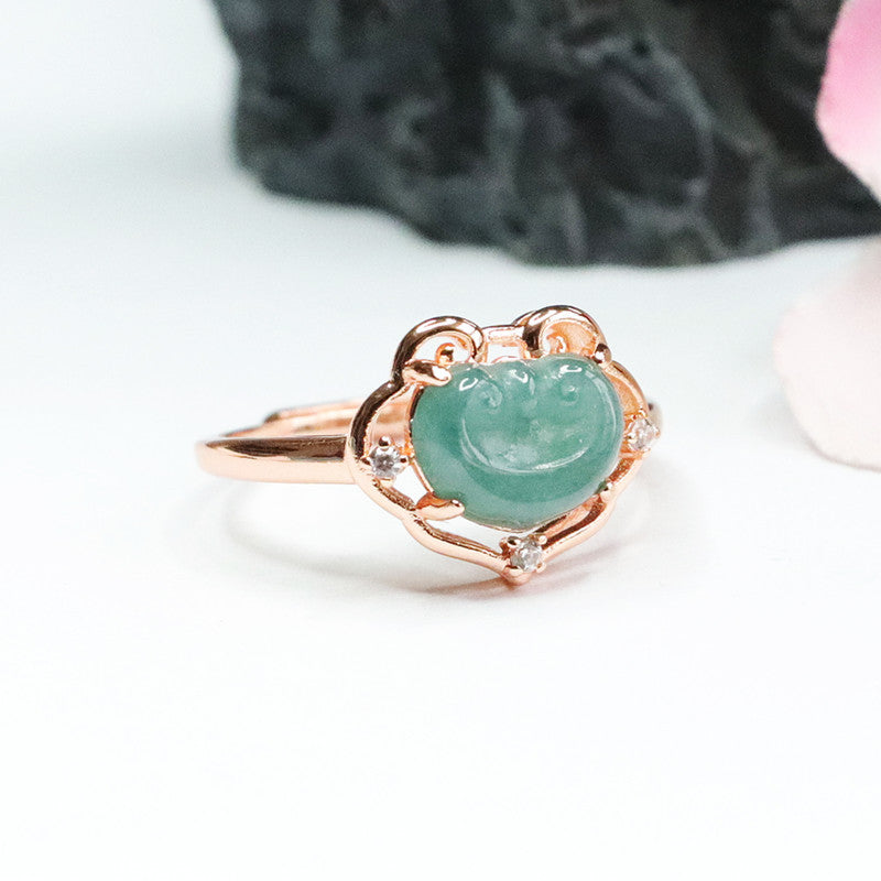 Green Jadeite Sterling Silver Ruyi Ring - Adjustable Hollow Jewelry Piece