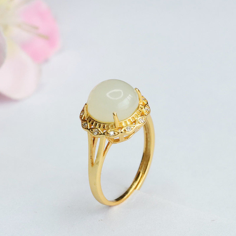925 Sterling Silver Hetian Jade Round Ring