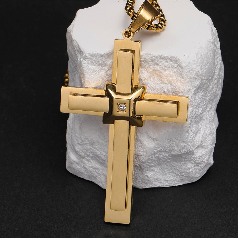 Planderful Mens Cross Pendant Necklace Titanium Steel With Zircon Inlay Gift For Him