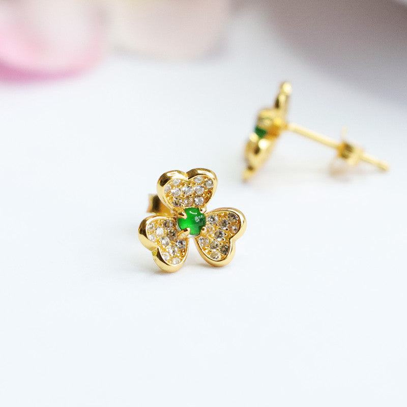 Icy Green Jadeite Clover 925 Silver Stud Earrings