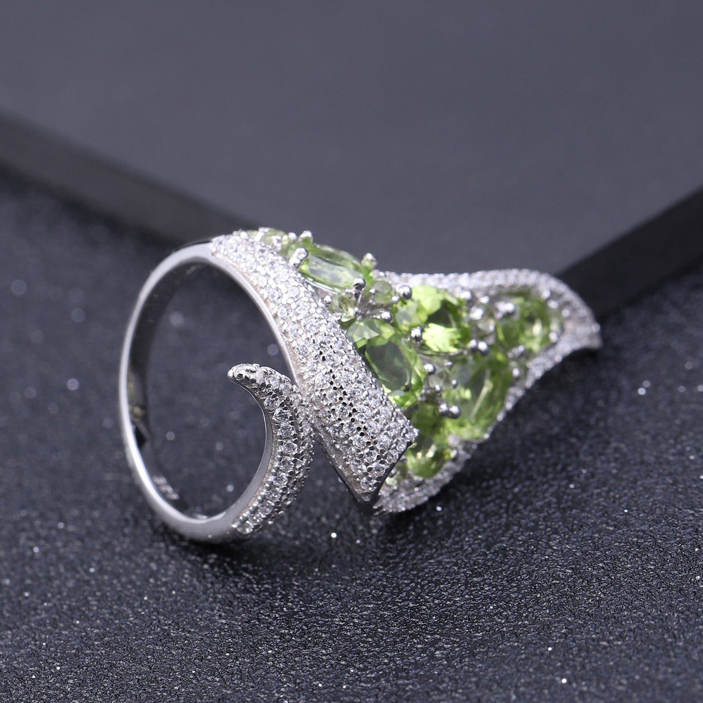 Exaggerated Triangle Shape Natural Gemstones Opening Silver Ring