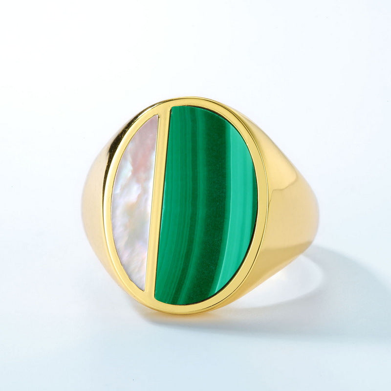Malachite and Mother of Pearl Exaggerated Oval Shape Sterling Silver Ring