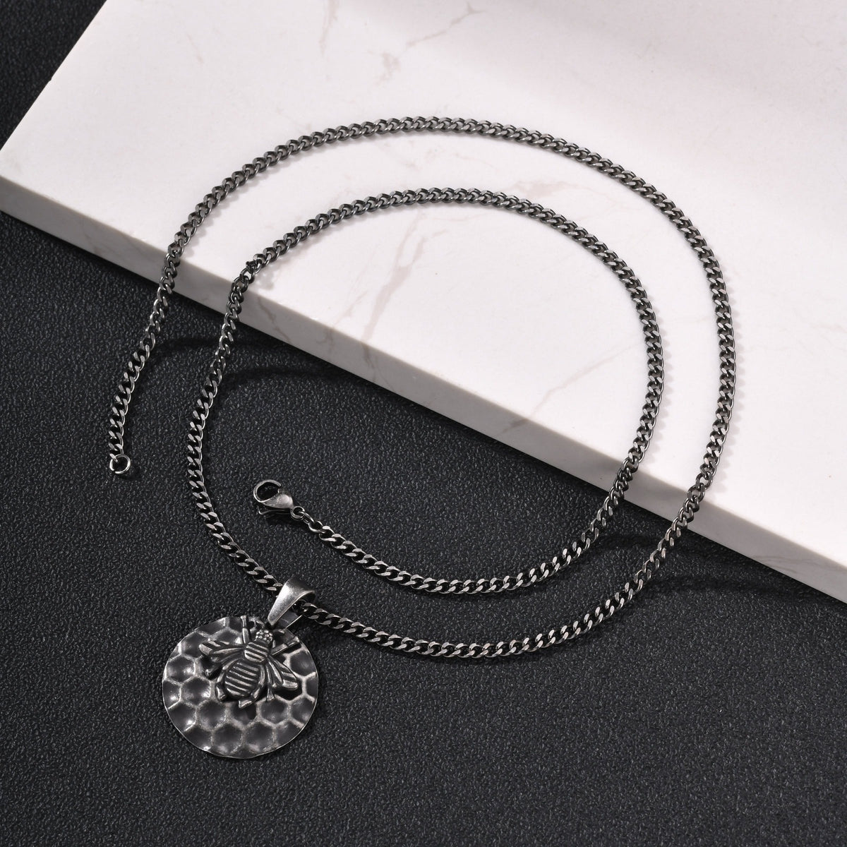 Special Stainless Steel Bee Hive Pendant Street Shape Stacked With Gray Necklace