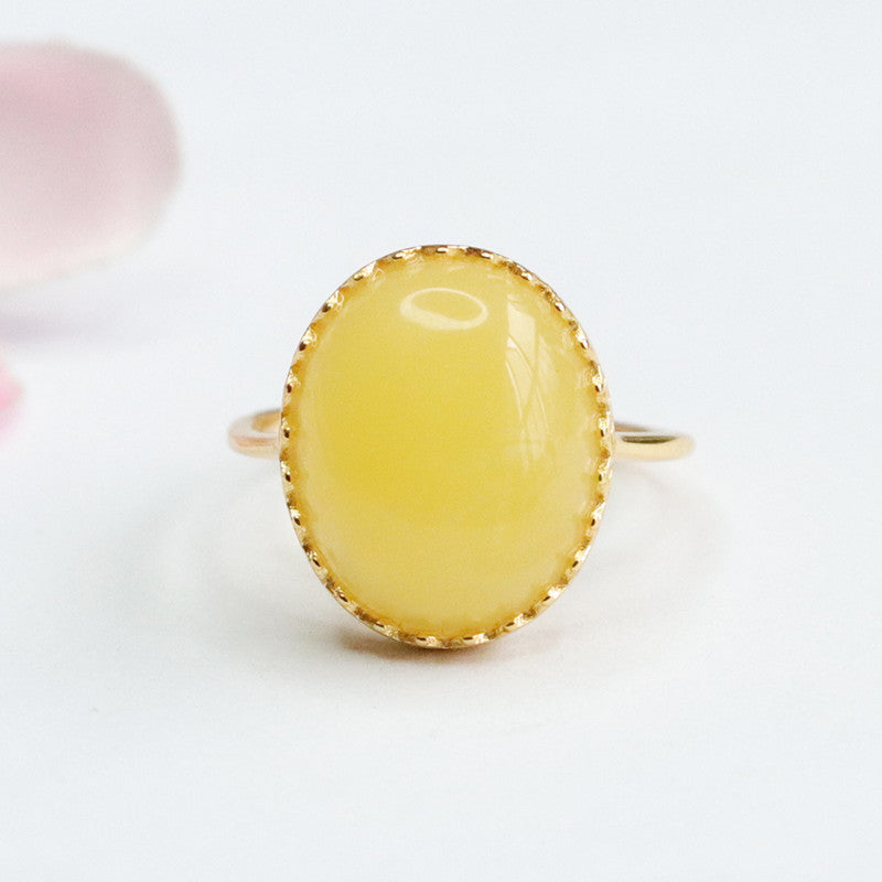S925 Sterling Silver Oval Baltic Beeswax Amber Ring with Adjustable Opening