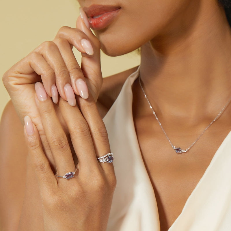 Planderful Jewelry Sterling Silver Alexandrite Ring With Oval Stone And Leaf Zircon Accent