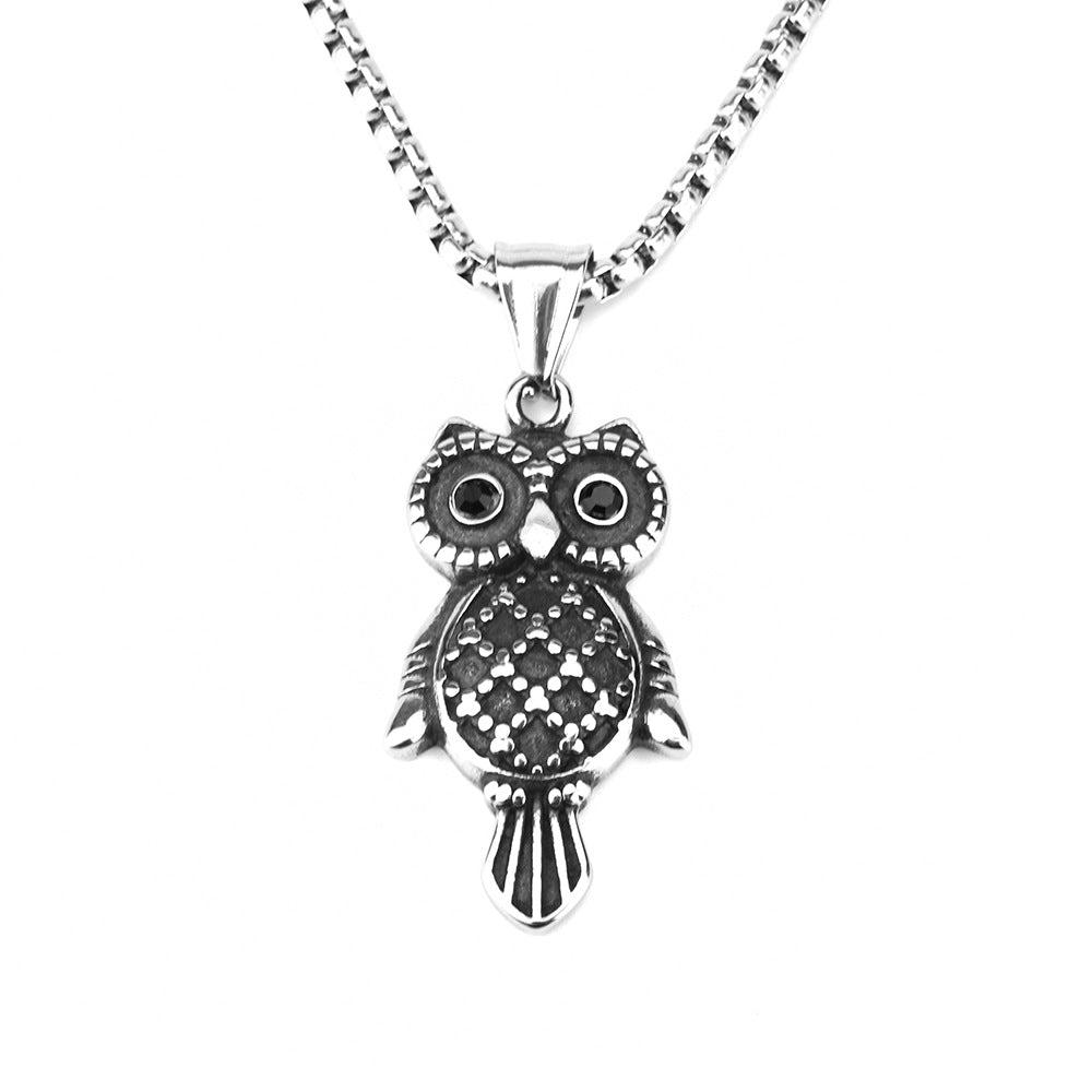 Vintage Stainless Steel Men's Pendant Set with Black Owl Jewel
