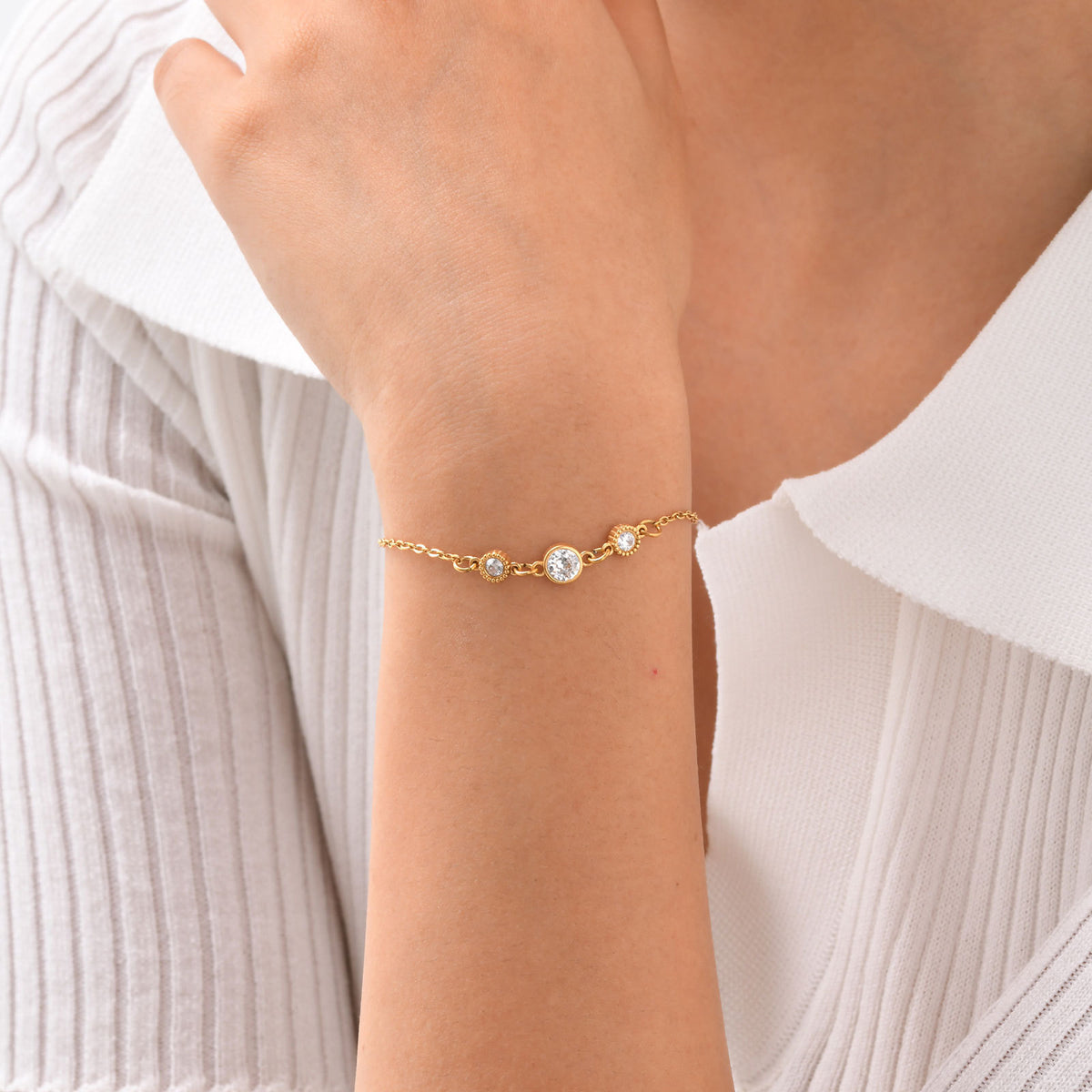 Stainless Steel Flat Cross Chain White Zircon Gold Bracelet Ladies