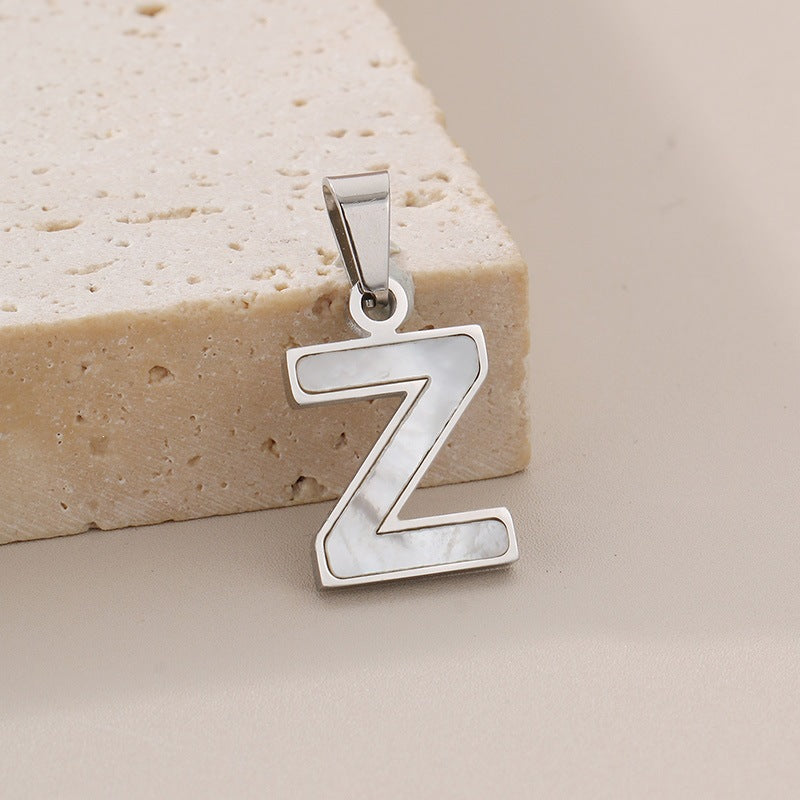 Women's'S Titanium Steel 26-Letter Pendant, White Fritillary Inlaid Stainless Steel Necklace