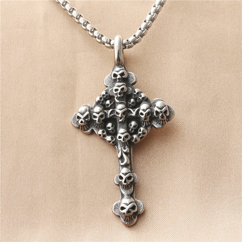 Personalized Punk Skull Pendant Necklace - Retro Stainless Steel Ghost Head Cross Design for Men