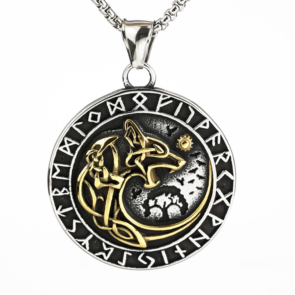 Vintage Stainless Steel Men's Pendant Viking Wolf Compass