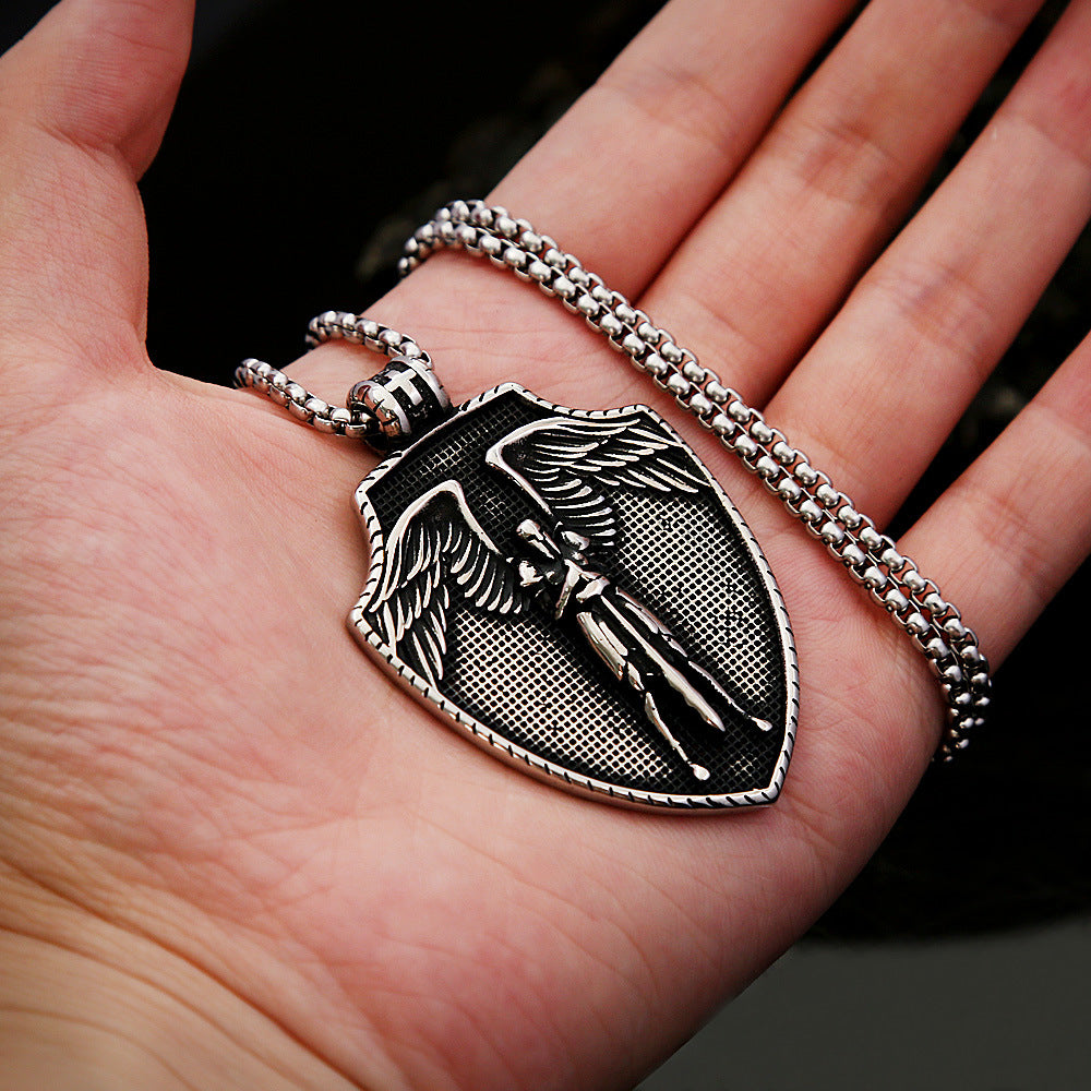 St. Michael's Vintage Men's Titanium Steel Angel Cross Pendant