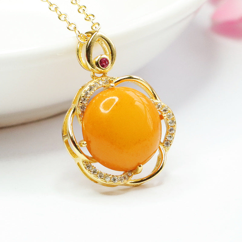 Hollow Flower Golden Necklace with Beeswax Amber Blooms