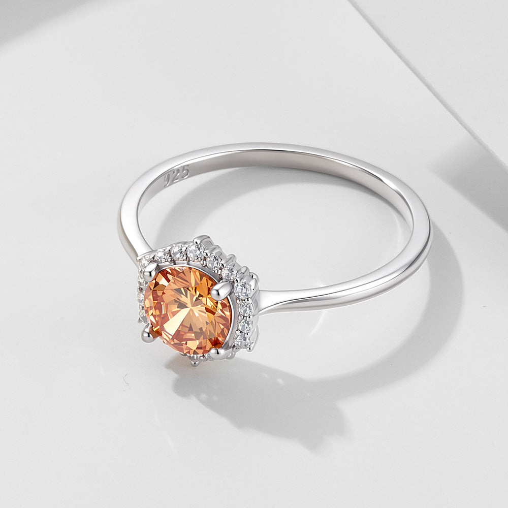 S925 Sterling Silver Champagne Zircon Ring Engagement Wedding Ring