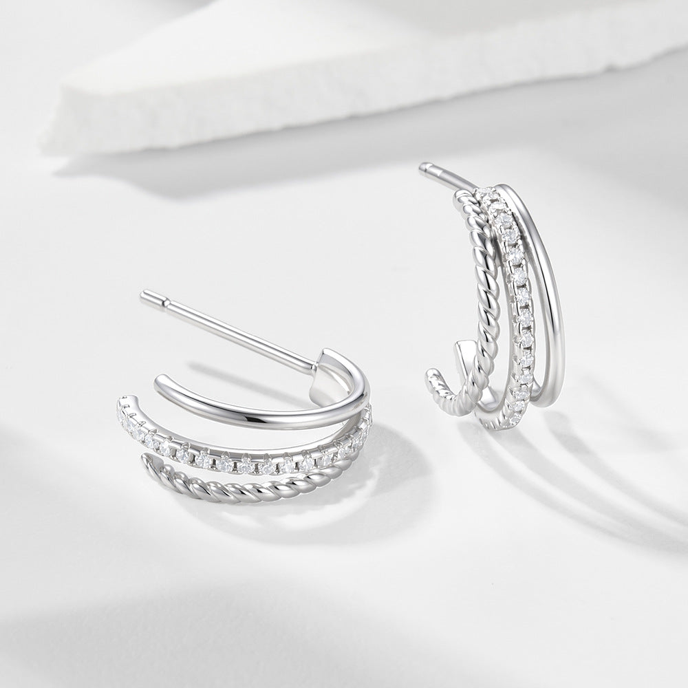 S925 Sterling Silver C-Shaped Hollow Zircon Stud Earrings
