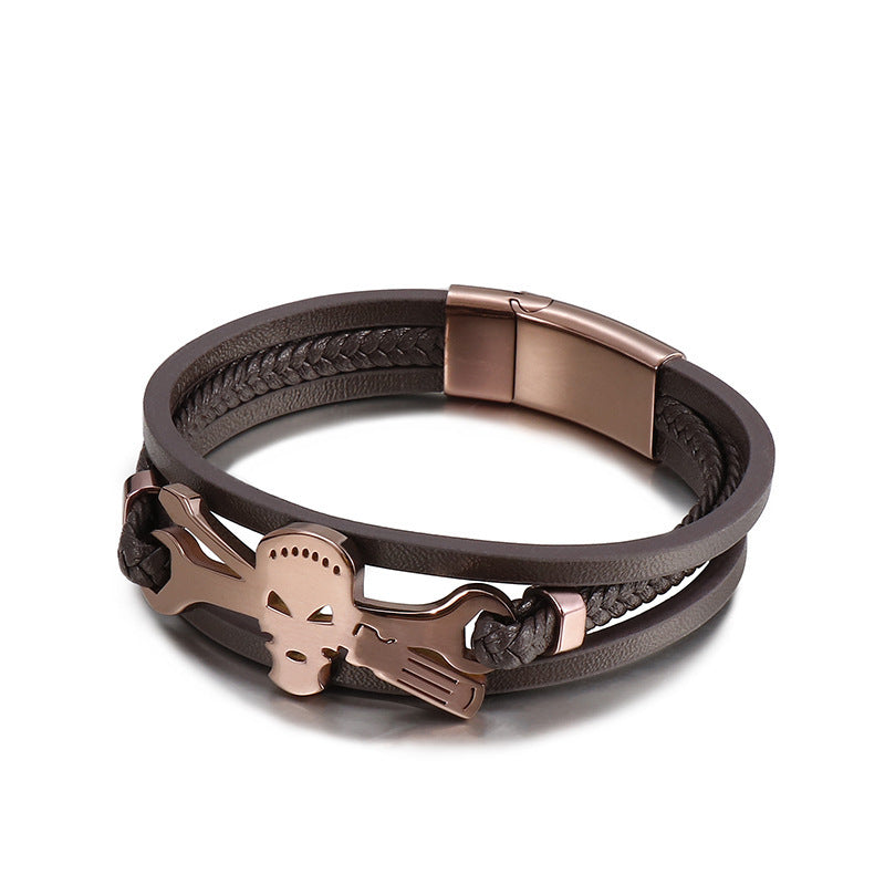 Planderful Mens Skull Bracelet Stainless Steel Leather Rope