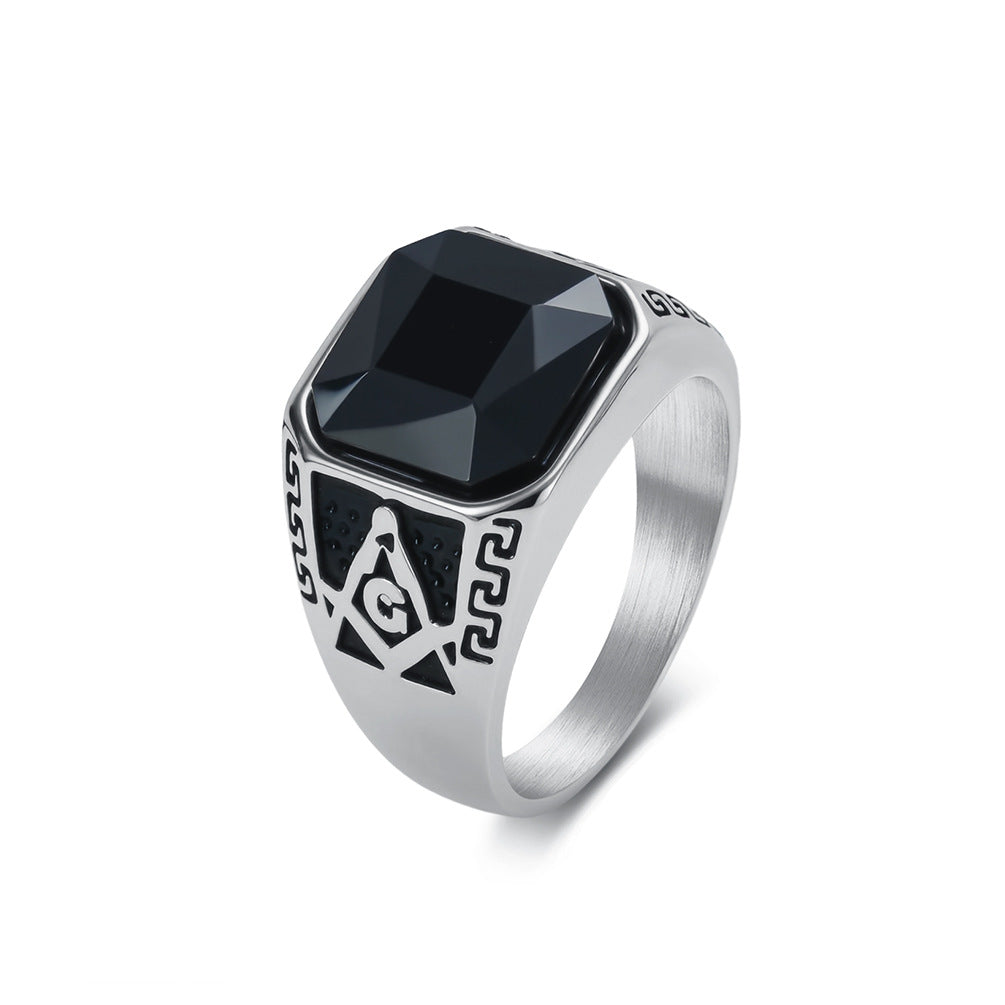 Classic Masonic Black Gemstone Ring Men's Fraternity Stainless Steel Index