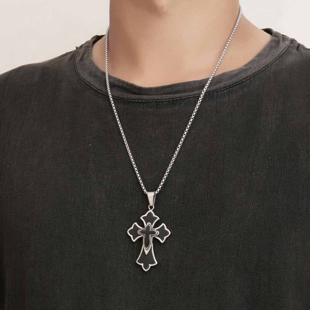 Trendy Men's Titanium Steel Cross Pendant Necklace with Sheepskin Design