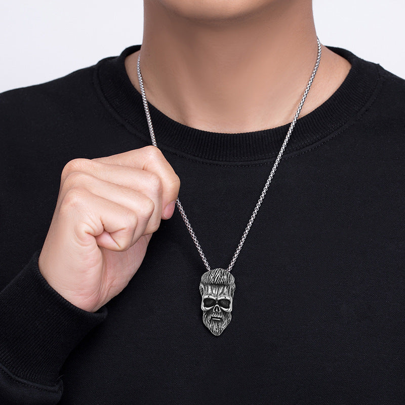 Steel Necklace – Vintage Bearded Skull Pendant for Men