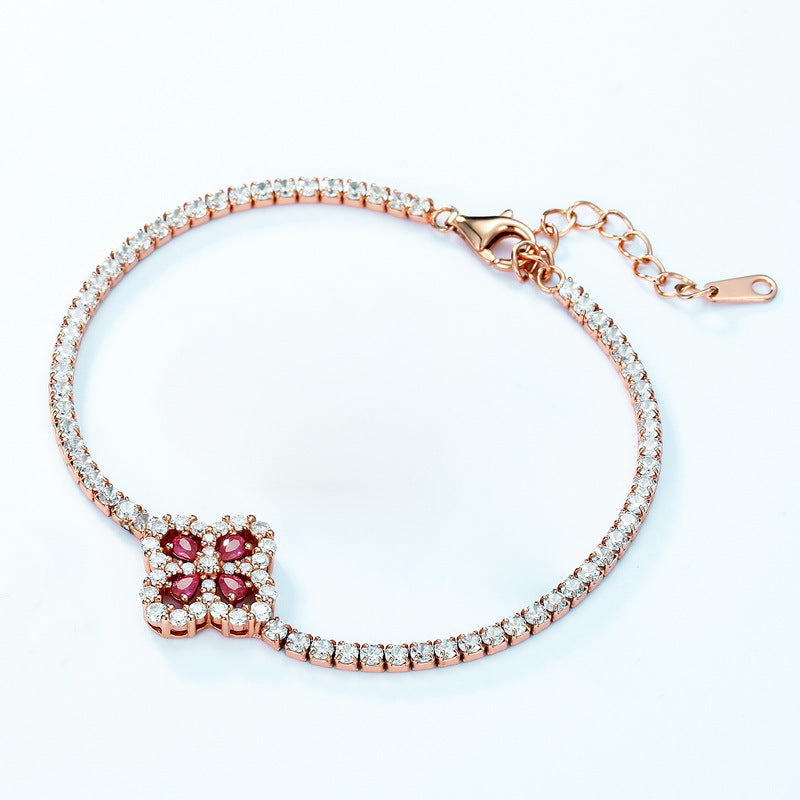 S925 Sterling Silver Lab-Grown Ruby & Zircon Four-Leaf Clover Bracelet
