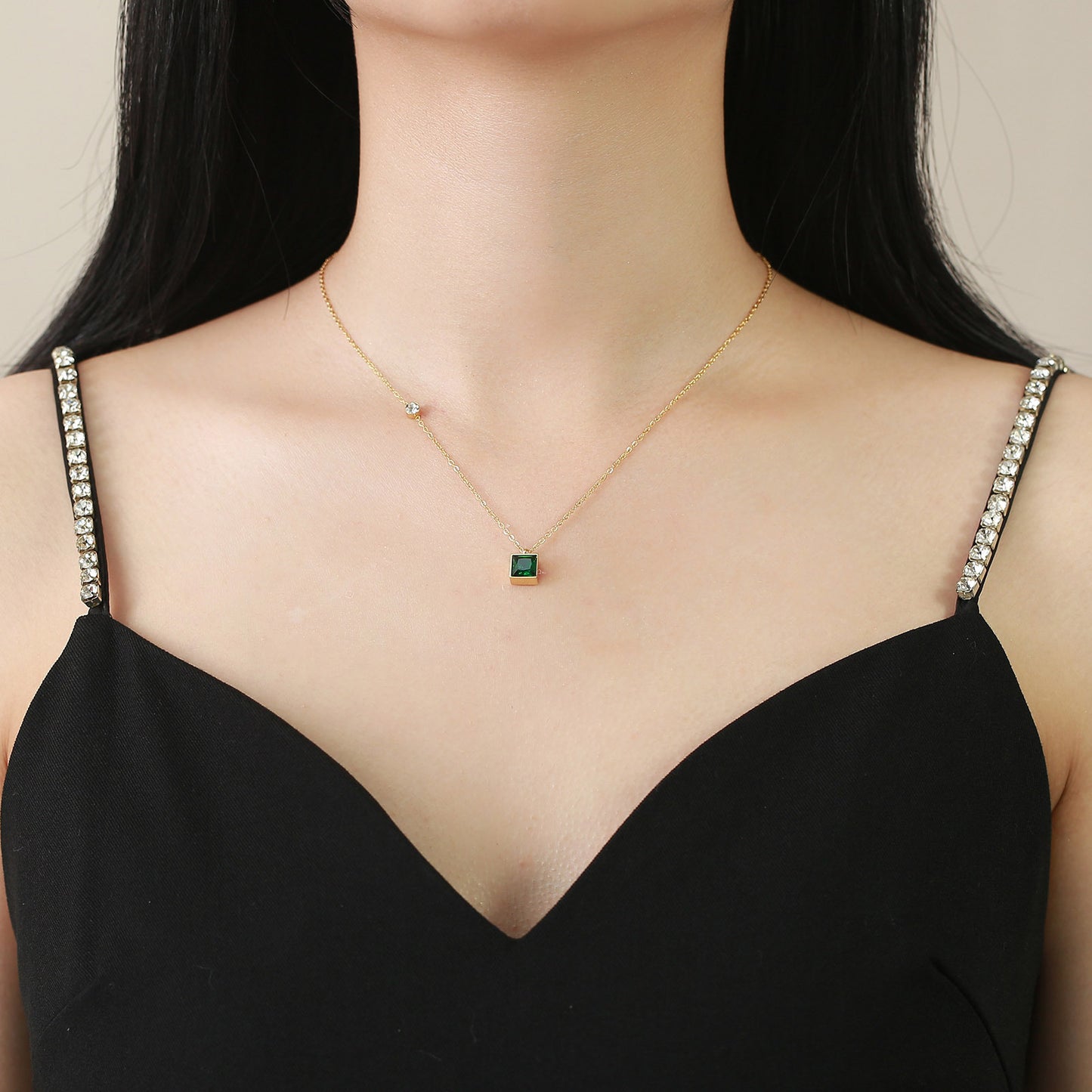 Geometric Necklace Stainless Steel Green Zircon Square Gold Women