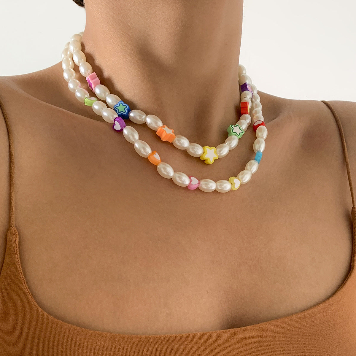 Planderful Vienna Verve Beaded Imitation Pearl Necklace For Women Star And Heart Shapes Mixed Colors