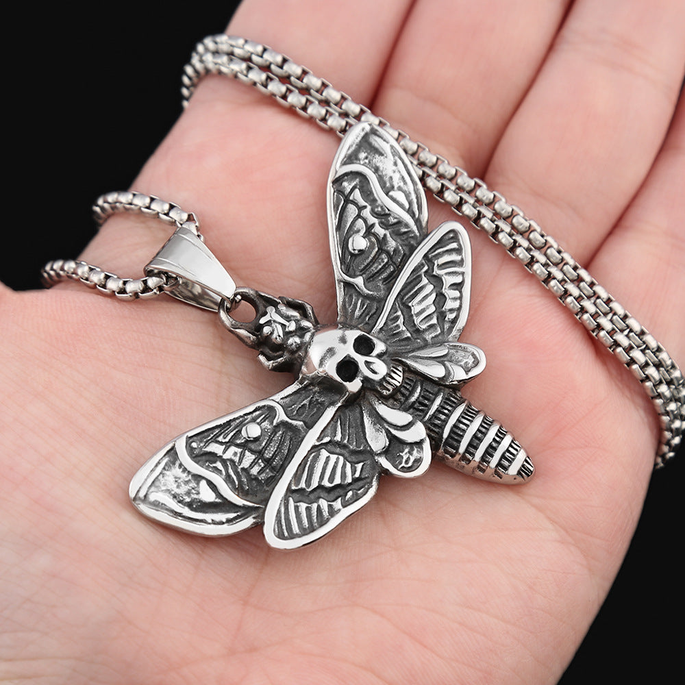 European And American Men's Fashion Jewelry Wholesale Stainless Steel Retro Moth Skull Pendant Necklace