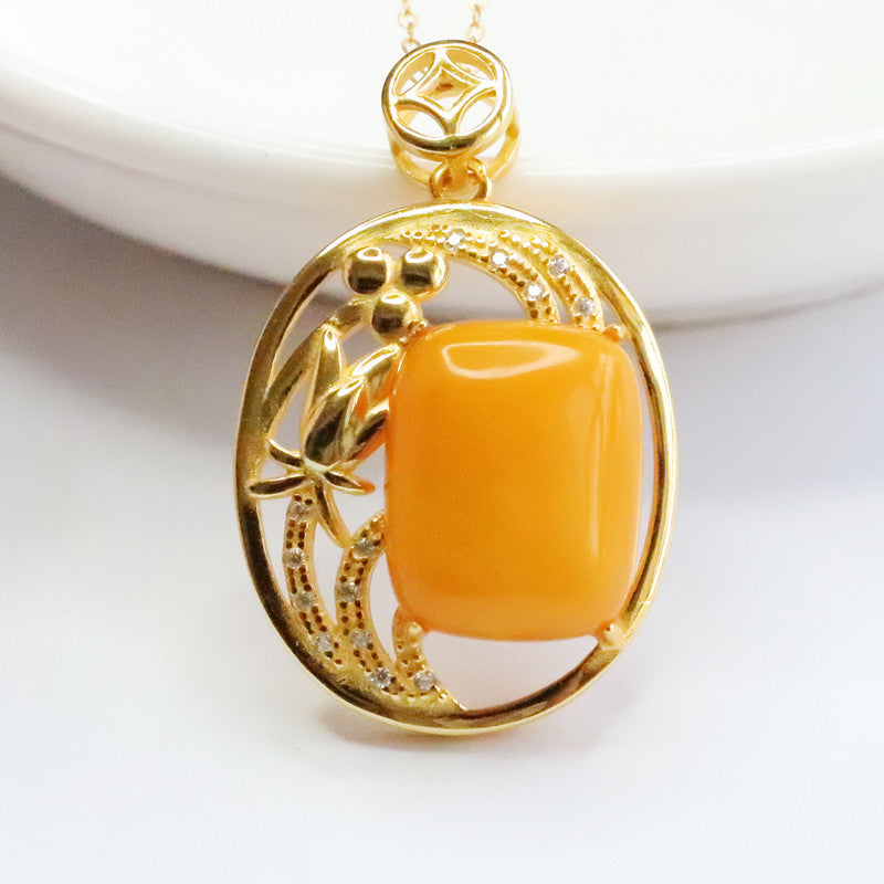 Hollow Rectangle Honey Amber Pendant Sterling Silver Necklace