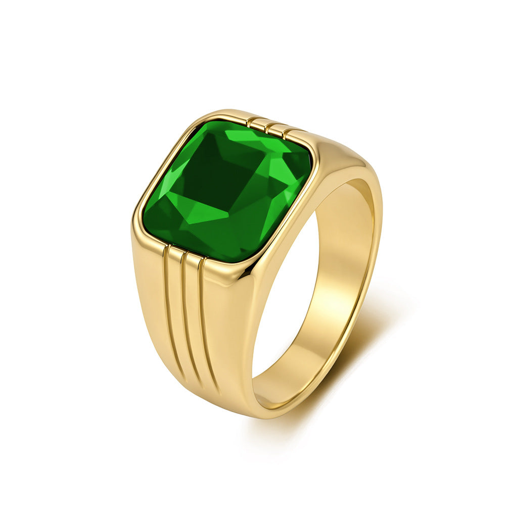 Square Gemstone Stainless Steel Ring Men's 18k Gold Plated Wide