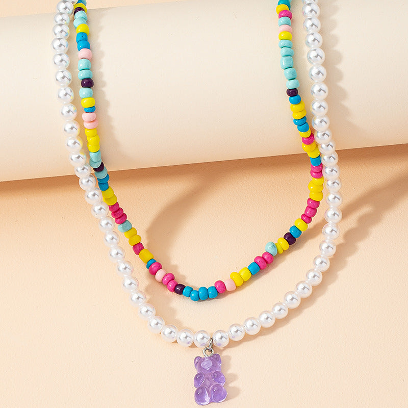 Double Beaded Bear Necklace for Fashionable Women from Europe and America